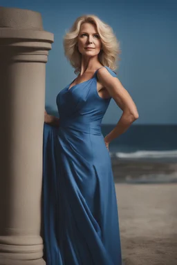 Powerful classical portrait of a modern blonde queen in her late 50s wearing a blue dress standing in a powerful position a little zoomed out