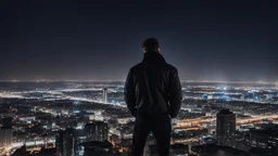 An Englishman in a bomber jacket standing at the top of a tall building looking across a city at night