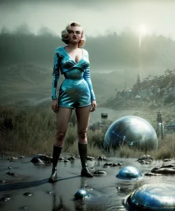 Ultra Realistic retro sci-fi 1960 scene, waist up view portrait, blonde woman, sweet young Marilyn Monroe face, perfect iris, tight latex coat, alien planet background, tight style, steel sphere dron levitating, fog, rain, soft color, highly detailed, unreal engine 5, ray tracing, RTX, lumen lighting, ultra detail, volumetric lighting, 3d, finely drawn, high definition, high resolution.