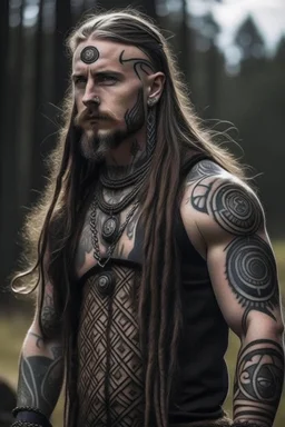 long haired warrior with tribal tattoos