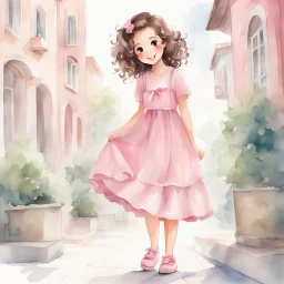 watercolor, full body, cute smile girl, curly hair, big eyes, long brown hair, pink dress, pink shoes, white backgrownd