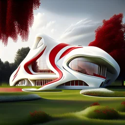 Casa campestre estilo Zaha Hadid obra de arte detallada color blanco crema y rojo imperial arte digital impactante hiperrealista 8k