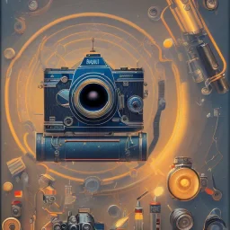 components of the camera laid out flat. poster design. high detailed. oil on canvas.