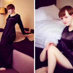 Realistic photo Russian shorthair beautiful 20-years tomboy boyish boylike young wife wide hips in black nightgown in hotel