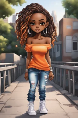 Create a airbrush a chibi cartoon of a black female with long ombre locs in her hair. She is wearing high profile sneakers with tight white cut up jeans and an orange off the shoulder blouse. Prominent make up with brown eyes. Her hair is highly detailed and shiny. Background of her walking on a sidewalk on a bridge.