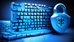 The image closely depicts a computer keyboard secured with a complex digital lock. The blue and white colors reflect the technological and security aspects of the subject. As an expression of digital protection and a focus on security in the era of digital communication, this image represents the balance between technology and personal safeguarding.