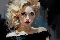 Blonde Pale Thin well endowed Scandinavian Woman 24yo, Big Eyes, red lipstick, Long Eyelashes And Eye Shadow smiling, wearing a black dress, femme fatale :: by Robert McGinnis + Jeremy Mann + Carne Griffiths + Leonid Afremov, black canvas, clear outlining, detailed
