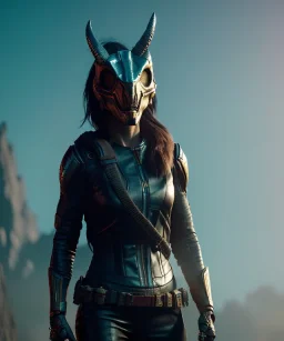 A badass Sofia Buttela wearing a dragon skull mask, atmospheric, realistic, unreal engine, cinematic lighting, octane render.