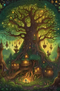 coloriages mystères :Des arbres géants aux branches entrelacées abritent des créatures magiques, des elfes et des fées. Des lucioles dansent dans l'air, créant une atmosphère magique. n'est pas encore coloré