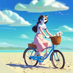 A girl is riding a bicycle on the beach. His cat is sitting in the front basket of the bicycle. Spring flowers can be seen everywhere. Beautiful blue sky with white clouds - kites in the sky. sense of peace. digital art, anime, 8k, full details, colorful, high resolution