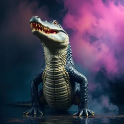 Scary big crocodile standing with multicoloured smoke
