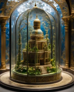 The miniatur islamic mosque in glass box is an abstract concept that refers to a world made entirely of flowers or plants, often in a fantasy or mythical setting. The flower planet in this image appears to be a baroque world, with ornate spiral patterns and intricate designs.