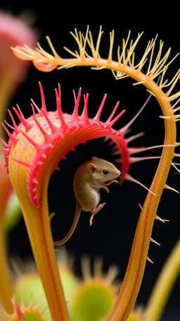 3D Venus flytrap, Dionaea muscipula, showing its trigger hairs. Trapping a mouse