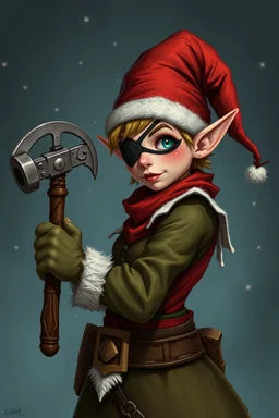 Female Christmas elf with an eye patch wielding a hammer and communist sickle