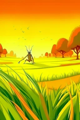 Rice field，Trees，Warm color palette，Animation，A lovely grasshopper，The grasshopper stood on the rice field