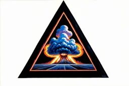 a nuclear explosion cloud, behind an orange glowing omega like shape, all inside an equilateral triangle, radiant lines, oil painting