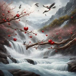 Rustic cherry branch floating down narrow rushing river, violent rapids, white peaks, birds flying. Highly detailed, fantasy, beautiful,hyperrelastic,