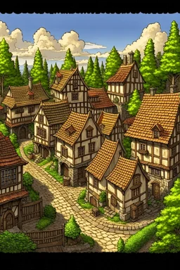 Handdrawn, medieval city, merchant, village, forest