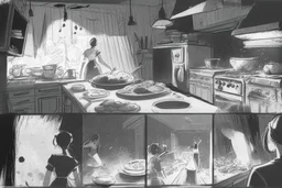 black and white storyboard, Peaple on foreground, between them in the middle we see cooks, scattered throughout the kitchen