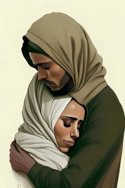 A man and a woman embrace each other in a tender moment. The woman, who is short in stature, rests her head on the man's chest. She wears a dark beige hijab and a white shirt. The man is wearing a green hoodie, and his dark brown hair is combed backwards. He places his chin on the woman's head and gently strokes it with one hand, while the other hand embraces her from around her shoulders. The woman, with slightly dark skin, has her eyes closed and tears streaming down her face.