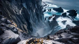 This mesmerizing ocean cliff scene captures the dramatic power and beauty of nature. Towering rugged cliffs stand majestically against the vast expanse of the ocean, where the water pours into a singular bottomless pit. The cliffs, with their sharp and jagged edges, create a stark contrast to the rough, flowing water, making the scene even more captivating. Sunlight pierces through the mist rising from the waterfalls, creating a magical, ethereal atmosphere