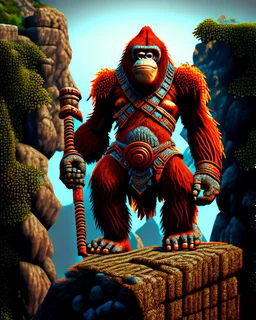 Orangutan Assassin Gothic symmetrical design standing on the edge of a cliff frontal view full body full arms full legs full head full pixel art hyper-detailed hyper-realistic full legs 8k