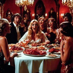 Horror movie shot, spooky, hot, ultra realistic, dine, horns, ultra realistic hot blonde women, year-end party, pieces of meat, organs, hot, ail, dynamic, hot, very excited people, hypermaximalist figures, light, 1970's Italian horror movie, sinister,, Dario Argento, Stanley Kubrik, ornate, 4k, photorealism