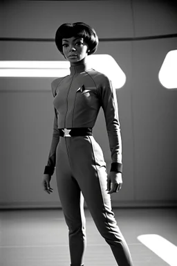 (Achieving unparalleled quality and hyper-realism), this photograph was expertly captured with a vintage Hasselblad 500 C/M 1957 camera, showcasing a youthful portrayal of Nyota Uhura. She is seen wearing a sleek and practical Star Trek Starfleet gym suit, exuding confidence while stationed in the space dock. The scene is set amidst a natural, moody backdrop with soft, diffused lighting that accentuates her explorer-like presence. The careful composition of the image casts captivating shadows, h