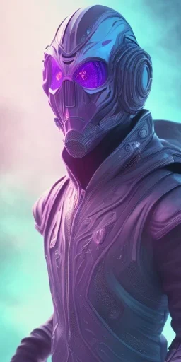 purple galaxy masked super villain, weapons in hands, teal and purple smoke, full portrait, hyper realistic, 4k