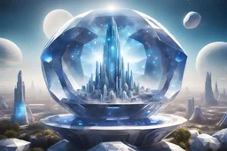 cosmic city extraterrestre white futuriste, great and blue facette cristal dome, vaisseaux spatiaux, 4k, hyperréaliste, cosmic srars sky, great civilisation, beautifull, spiritual inspiration, flower cristal gemme