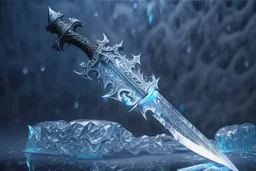 One fantasy greatsword that is slender, translucent blade made of ice. The hilt is crafted from swirling vines, leading to a vibrant crystal at the pommel. With a black background behind it. HD