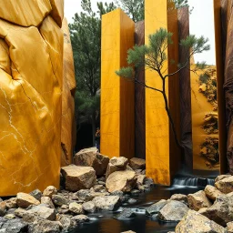 Un'immagine di un paesaggio naturale con marmi gialli imponenti accanto a strutture artificiali verticali e alberi. Queste strutture sembrano blocchi rettangolari riflettenti, come colonne che creano un contrasto tra il naturale e l'artificiale. Persona osserva. Pareti marroni con venature e solchi. Magma liquido nero. La scena trasmette un senso di sospensione e dialogo tra elementi organici. Dettagli degli specchi e delle rocce molto accentuati