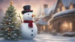 high quality, A magical image of a snowman,, where soft flakes gently fall from the sky. A majestic Christmas tree, adorned with twinkling lights, stands out in the scene. spreading Christmas joy. The gentle light from the stars and Christmas decorations creates a warm and enchanting atmosphere, capturing all the magic of Christmas.