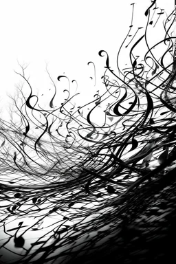 A realistic drawing in negative space black ink on white background of a musical notes and twisted notes 3D with abstract brushstrokes to enhance sheets music pages max enrist