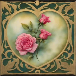 Briar wisp, throned roses around a heart, autography on luminous sunlit translucent silk, windblown ripple, opalescent color (Geneva Wilson inspired).