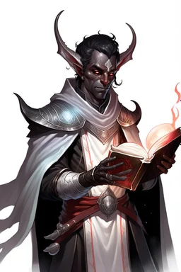 En Young male black skin black hair tiefling Wizard fra dnd holding a book with Arcane Magic in a silver and White Rope and a silver cloak. His horn a perfectly place on acet from the front to the back pointing upwards with glowing Red cat Eyes. His close is elegant get simple. Holding an ice Crystal in his Right Hand