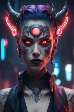 A well dressed female demon,glowing eyes,cyberpunk aesthetic, facial tattoos