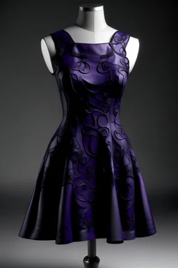 dark purple short dress, without sleeves, made of satin and narrow lace fabric inspired by fractals in geometry.