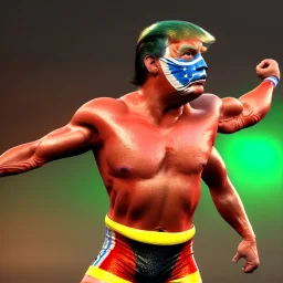 Realistic image of Donald trump wrestler, Mexican wrestling style, Mexican wrestling mask eyes, red and blue breeches, glow us flag dress, suspenders, retro style, 80s, vibrant color, highly detailed, sky background, concept art, unreal engine 5, god rays, ray tracing, RTX, lumen lighting, ultra detail, volumetric lighting, 3d, finely drawn, high definition, high resolution.