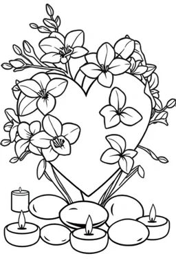 outline art for visually rich appealing heart in orchids plumeria rounded stones candles, ikebana style, coloring page for kids, white background, fit to page, only use outline, clean line art, no shadows, clear and well outlined