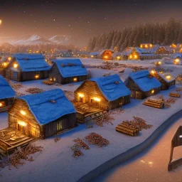 tiny fantasy farming village at night with wooden buildings in winter moonlight