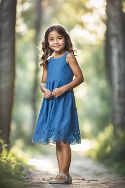 Little 8 years old girl wearing a dress, blue dress,standing pose