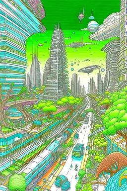 a highly detailed pencil and colour marker digital drawing of beautiful organic futuristic city in harmony with nature, full screen, fine details and contours, intricate, small minutiae, tiny features, particulars, sharp photo lens, acute outlines, digitally enhanced, least ambient occlusion, sidewalk view from the pedestrian perspective, wide angle camera, volumetric lighting, volumetric clouds, uhd, 8k, vitality colors, for book cover, enscape render, by antoni gaudí, thine line style