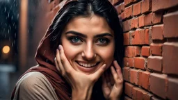 Hyper Realistic Photographic-Close-Up View Of a Beautiful Young Pashto Woman With Beautiful Eyes (& Eye Brows) & Beautiful Hands Peeking-Half-Faced From A Brick-Wall Giving Bold Smile & Bold Expressions Putting Her That Hand On That-Brick-Wall At Rainy Night Showing Dramatic & Cinematic Ambiance.