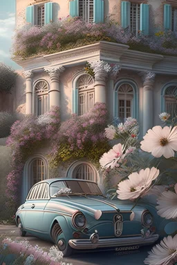 Classic villa, flowers and a car, fine details