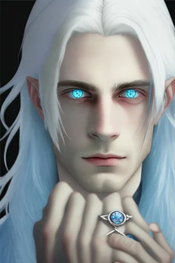 Realistic young man, long white hair covering one eye, blue eye, has rings on his hand, pale skin, slim bit fit