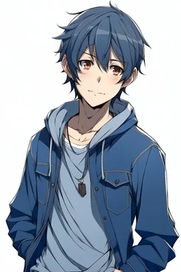 dark blue haired anime boy in a jean jacket