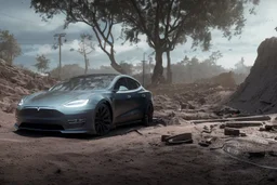 A Tesla 'Model Y' is parked, within the trench of the Death Star. (CINEMATIC, WIDE ANGLE LENS, PHOTO REAL)