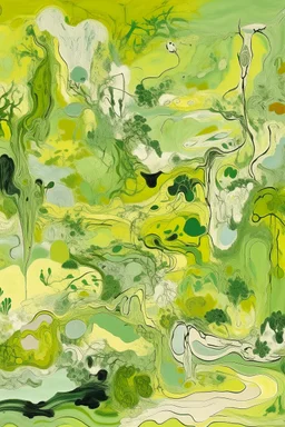 A pale greenish yellow dream land with weird shapes painted by Jackson Pollock