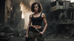 beautiful slender caucasian female technician with a knife, black tank top, well toned muscles, weathered face, scratched sand camo metal details, short brunette wavy bob haircut, dystopian, postapocalyptic city scene with smoke and explosions